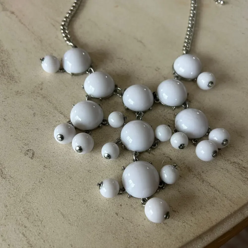 White Cabochon Statement Necklace - Silver Tone Mod Style Bib - 8" - Picture 2 of 4
